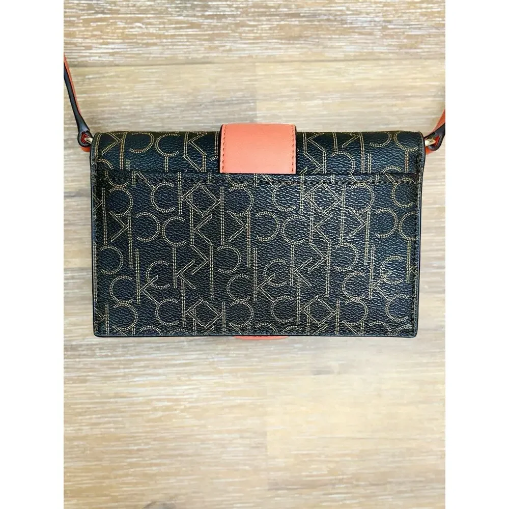 Calvin Klein Women’s Monogram Crossbody Wallet Purse Brown/Red Multi Card Slots